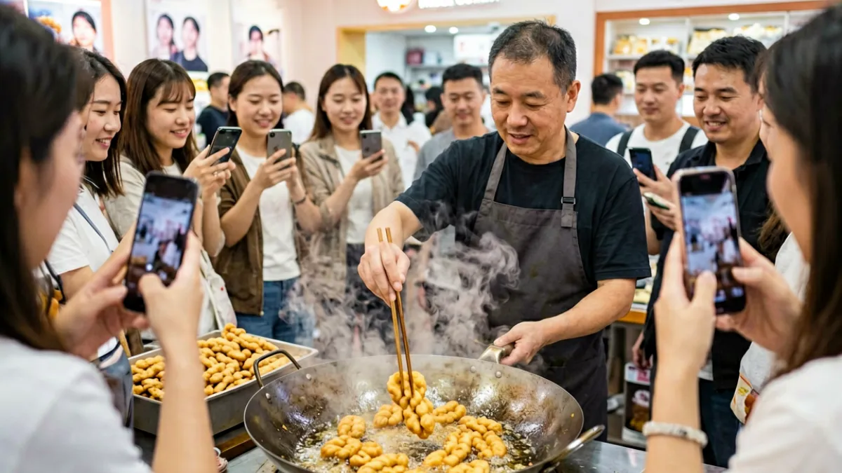 麻花精品品牌快闪店内顾客围观师傅现场炸制麻花，金黄油锅与人群相映成趣