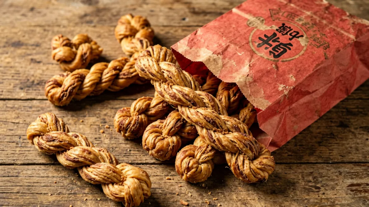 麻花精品 - 老城隍庙上海风味咸麻花散装摆放，呈现金黄色泽与细长拧花造型，背景为复古红底纸袋
